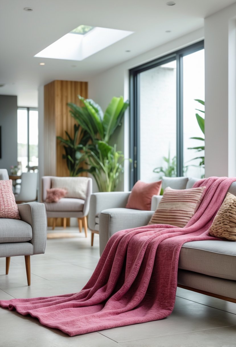 Cherry Coded Accents for Open-Plan Houses: 21 Stylish Ideas to Transform Your Space 15 An open-plan living room with cherry-colored throw blankets on a sofa and armchairs, bright natural light, and green plants.