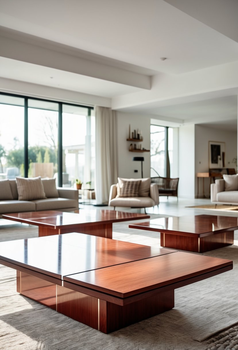 Cherry Coded Accents for Open-Plan Houses: 21 Stylish Ideas to Transform Your Space 16 A set of cherry wood coffee tables with sleek designs in a bright open-plan living room with natural light and modern furniture.