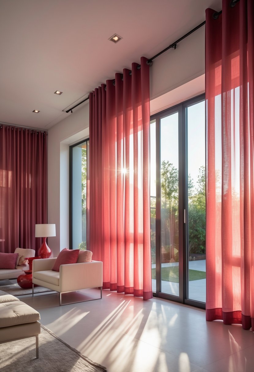 Cherry Coded Accents for Open-Plan Houses: 21 Stylish Ideas to Transform Your Space 17 An open-plan living room with large windows covered by cherry-colored curtains that softly filter natural light, featuring matching cherry accents and modern furniture.