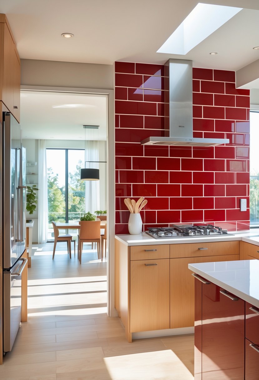 Cherry Coded Accents for Open-Plan Houses: 21 Stylish Ideas to Transform Your Space 18 Open-plan kitchen with cherry-colored backsplash tiles, neutral cabinets, and modern appliances.