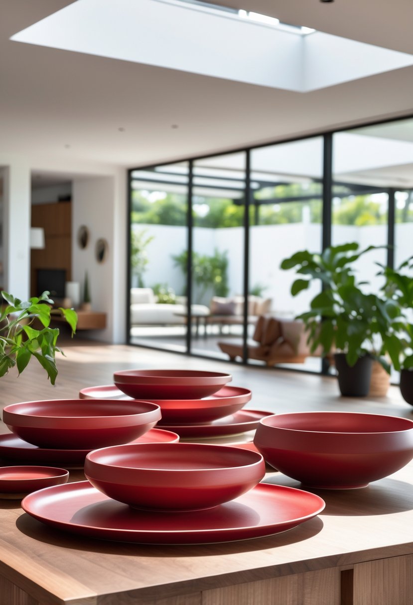 Cherry Coded Accents for Open-Plan Houses: 21 Stylish Ideas to Transform Your Space 19 Decorative cherry-colored bowls and trays arranged on a wooden surface in a bright open-plan living room with modern furniture and plants.