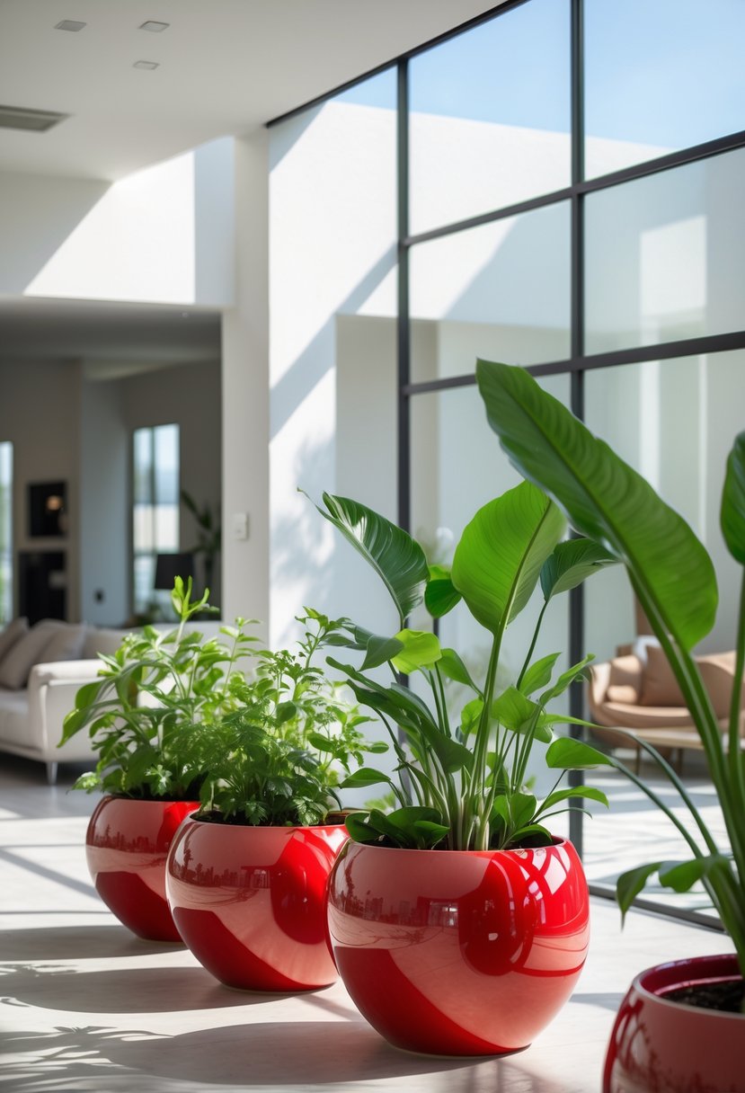 Cherry Coded Accents for Open-Plan Houses: 21 Stylish Ideas to Transform Your Space 20 Cherry red ceramic planters with green plants arranged in a bright open-plan living space.