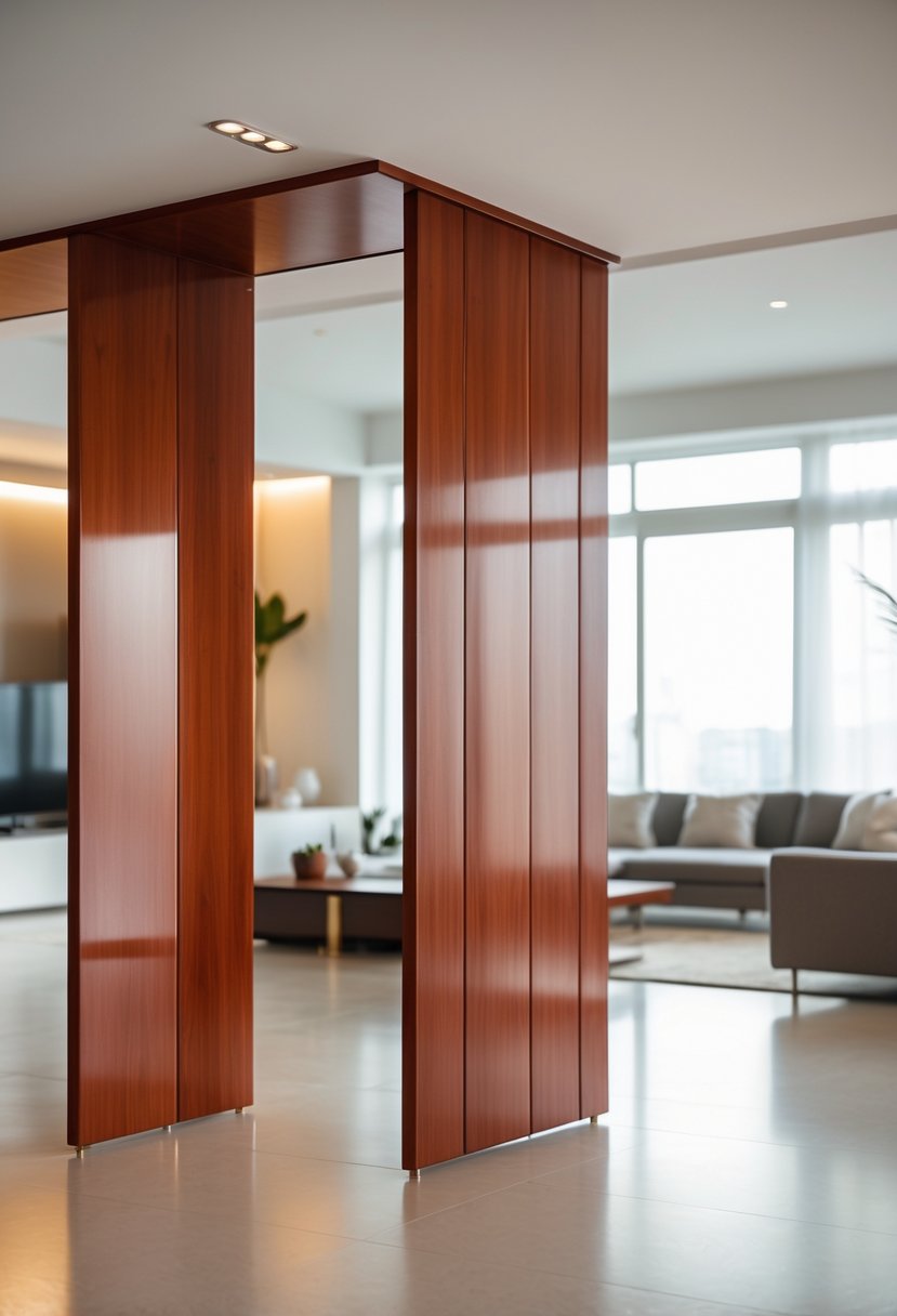 Cherry Coded Accents for Open-Plan Houses: 21 Stylish Ideas to Transform Your Space 22 Open-plan living space separated by cherry wood room dividers with a cozy seating area in the background.