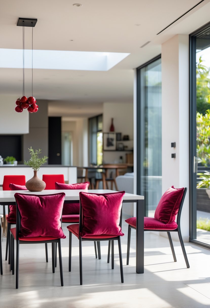 Cherry Coded Accents for Open-Plan Houses: 21 Stylish Ideas to Transform Your Space 23 Dining chairs with cherry-colored cushions in an open-plan house with a dining table and visible kitchen and living areas.