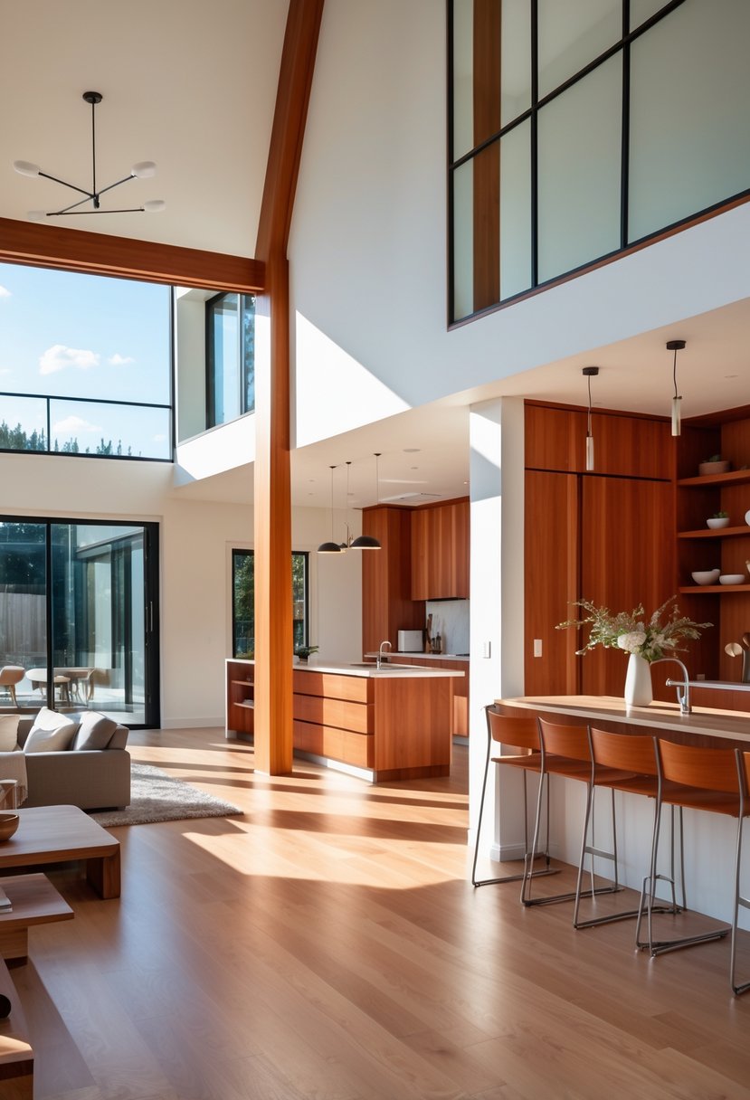 Cherry Coded Accents for Open-Plan Houses: 21 Stylish Ideas to Transform Your Space 24 Open-plan house interior with cherry wood accents on cabinetry, beams, and furniture, featuring large windows and natural light.