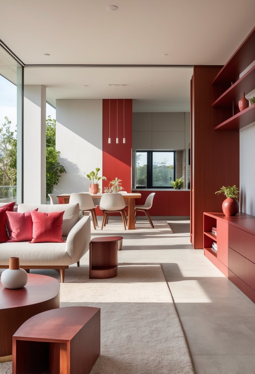 Cherry Coded Accents for Open-Plan Houses: 21 Stylish Ideas to Transform Your Space 25 An open-plan living room with cherry-colored furniture accents, soft cushions, and natural light filling the space.