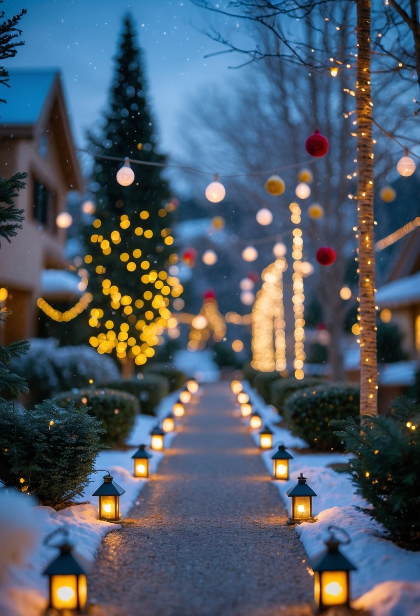Christmas Pathway Lights 2025: 22 Best Options for a Festive Outdoor Display 2 A snow-covered pathway lined with glowing Christmas lanterns and decorated evergreen trees under a twilight sky with falling snowflakes.