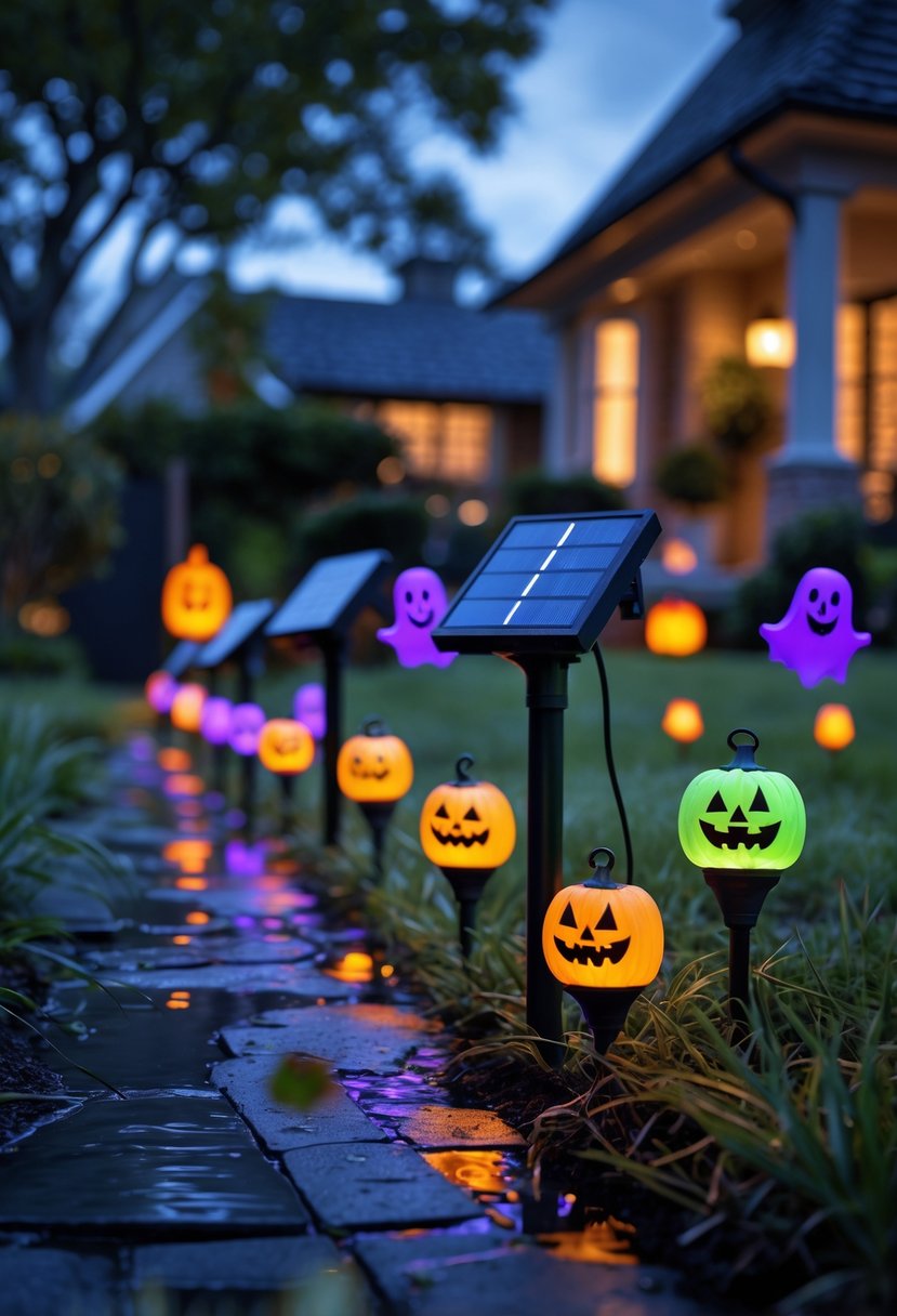 Christmas Pathway Lights 2025: 22 Best Options for a Festive Outdoor Display 3 A garden pathway illuminated by colorful Halloween-themed LED solar lights with waterproof stakes at dusk.