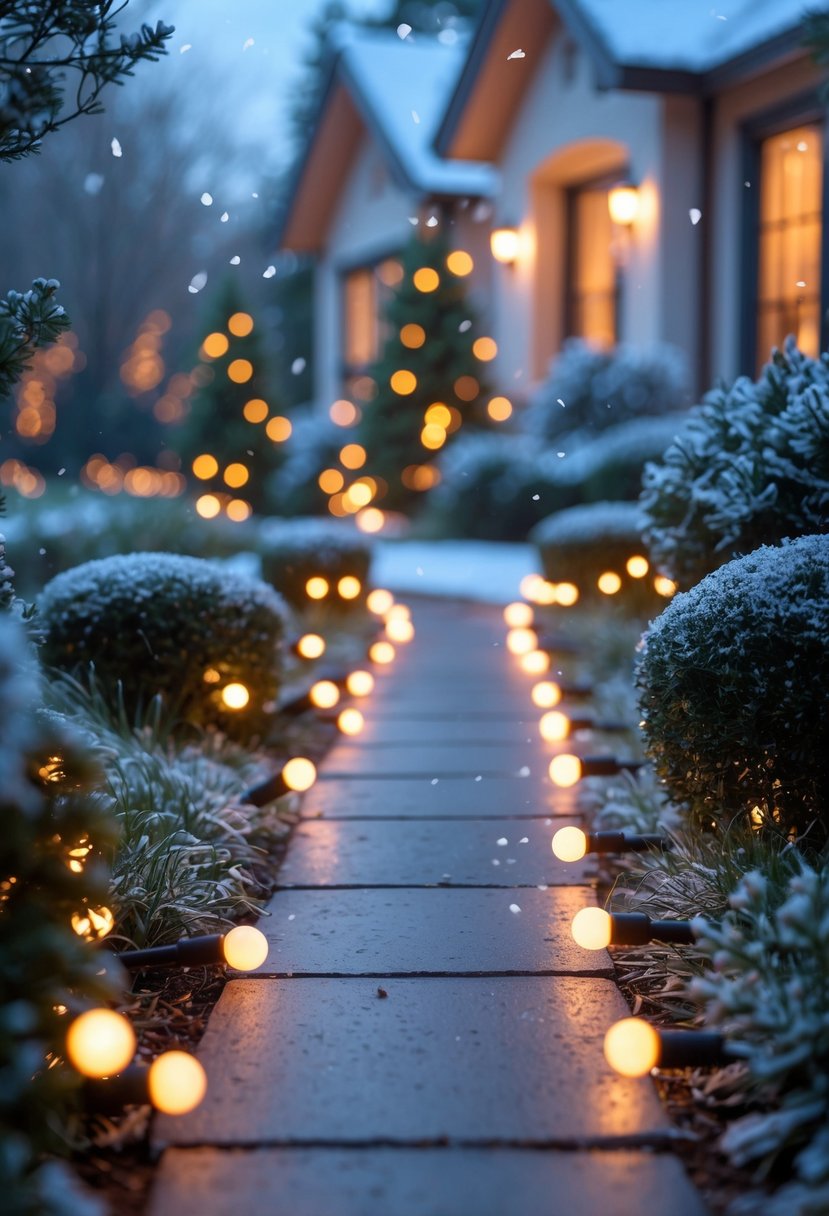 Christmas Pathway Lights 2025: 22 Best Options for a Festive Outdoor Display 4 A snow-covered garden pathway lined with glowing classic Christmas lights and evergreen shrubs during winter.