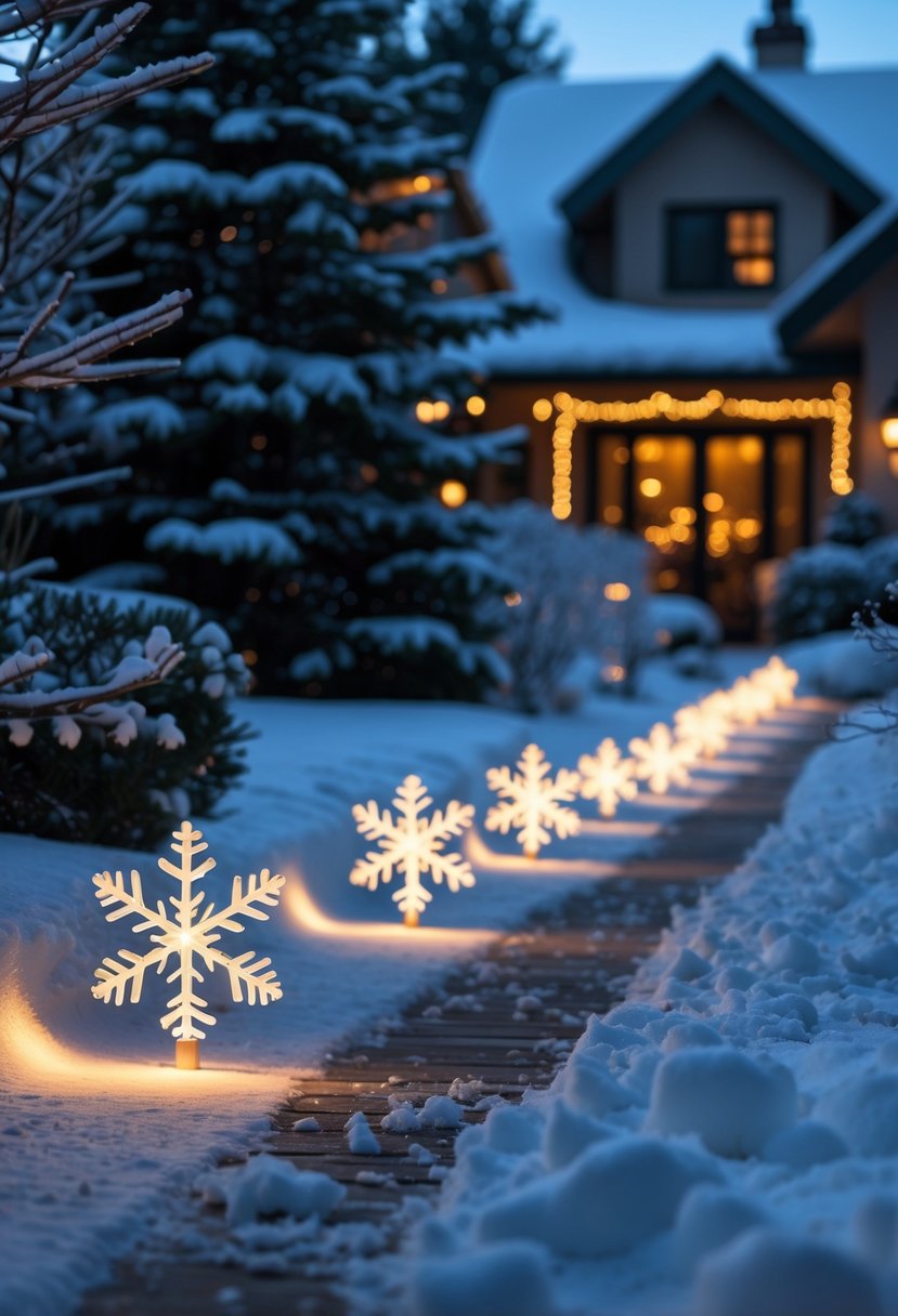 Christmas Pathway Lights 2025: 22 Best Options for a Festive Outdoor Display 5 A snowy garden pathway lit by glowing snowflake-shaped LED lights leading to a warmly lit house surrounded by evergreen trees.