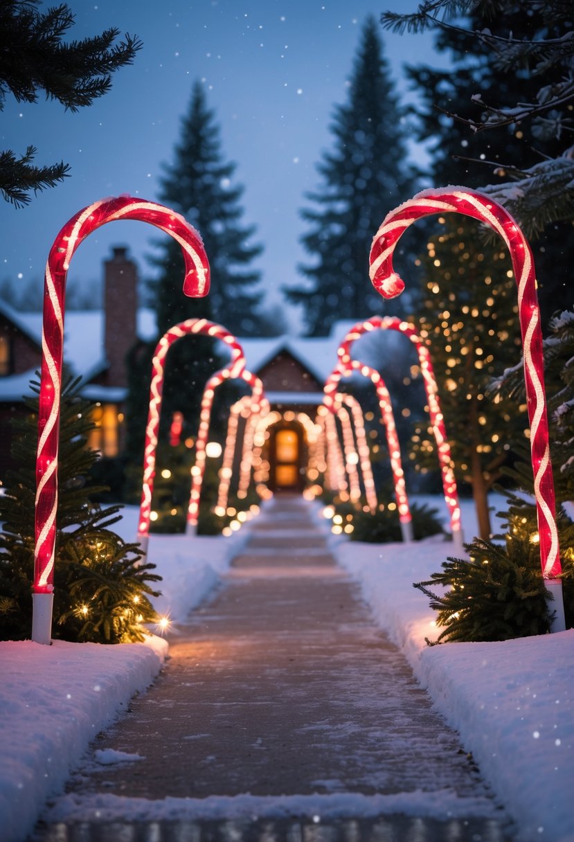 Christmas Pathway Lights 2025: 22 Best Options for a Festive Outdoor Display 6 Outdoor pathway lined with glowing candy cane-shaped lights surrounded by snow and evergreen trees during winter.