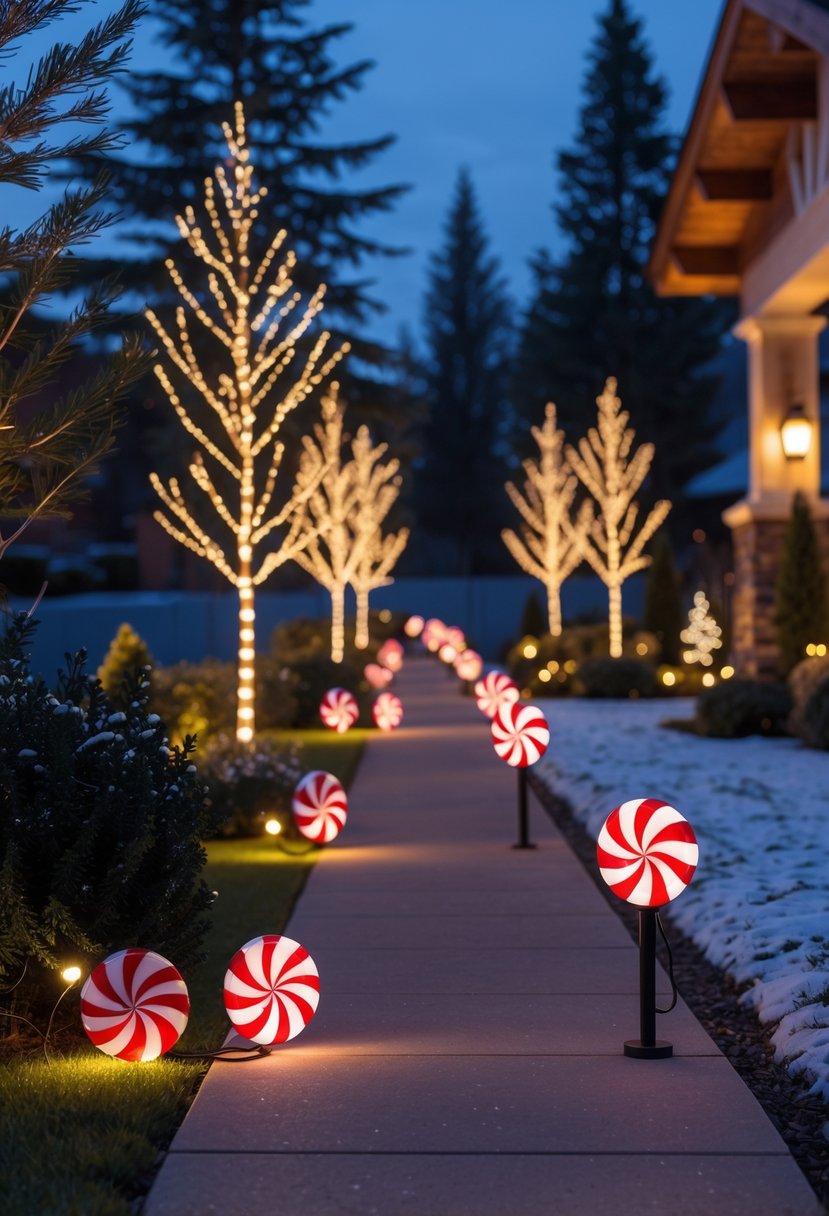Christmas Pathway Lights 2025: 22 Best Options for a Festive Outdoor Display 7 A snow-dusted outdoor pathway lined with glowing peppermint-shaped Christmas lights leading to a warmly lit house entrance.