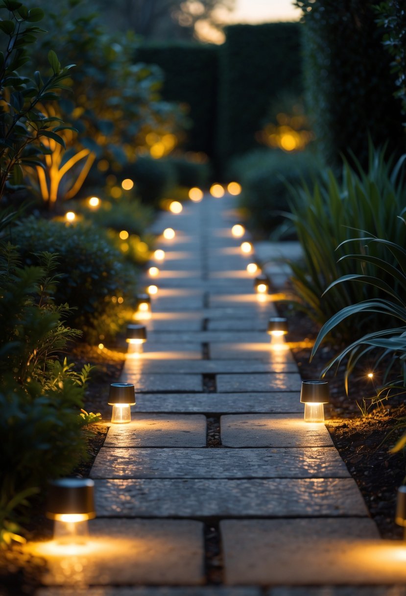 Christmas Pathway Lights 2025: 22 Best Options for a Festive Outdoor Display 8 A garden pathway lit by warm white solar lights glowing softly along the walkway in the evening.