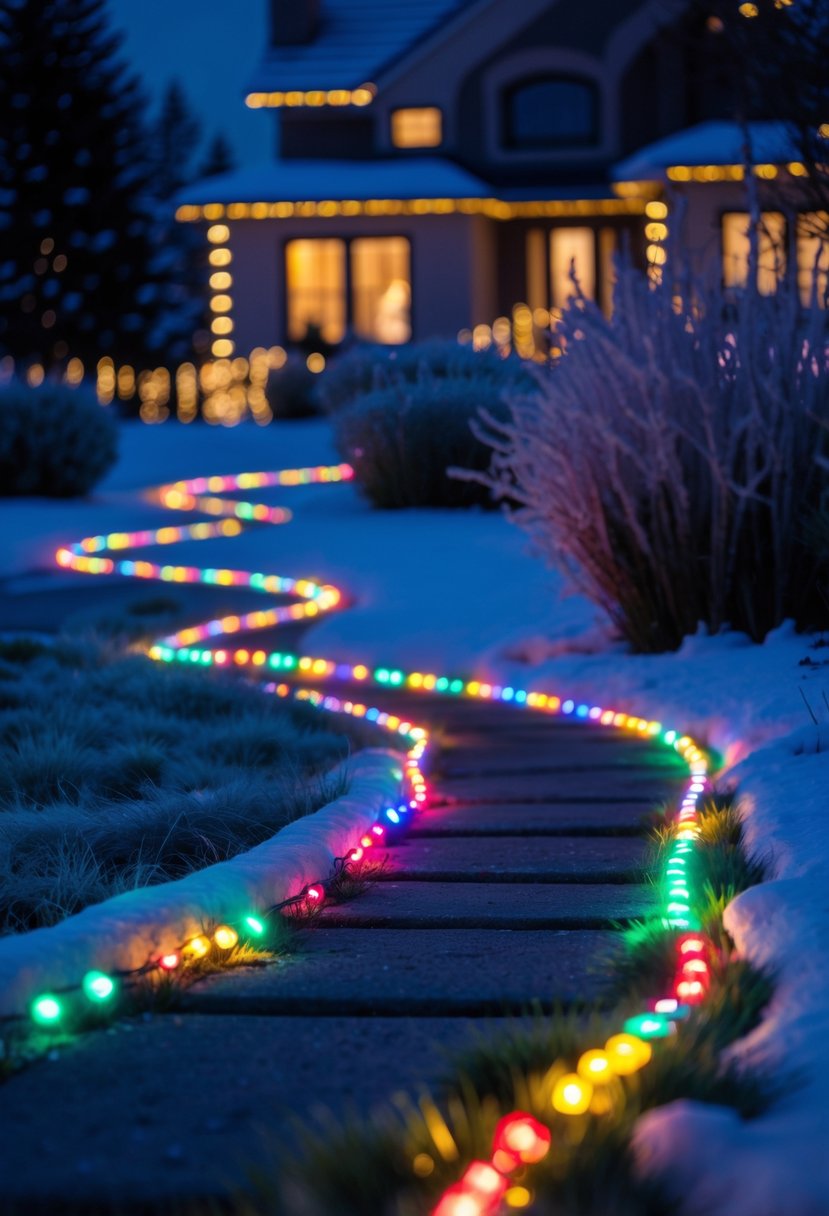 Christmas Pathway Lights 2025: 22 Best Options for a Festive Outdoor Display 9 A snowy pathway lined with colorful LED lights glowing in red, green, blue, and yellow during a winter evening.