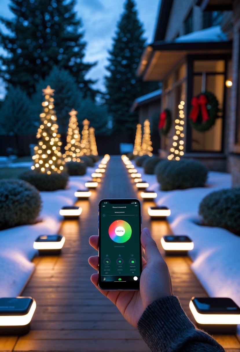 Christmas Pathway Lights 2025: 22 Best Options for a Festive Outdoor Display 10 Outdoor pathway decorated with glowing Christmas lights and a hand holding a smartphone controlling the lights.