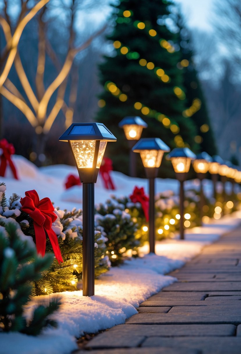 Christmas Pathway Lights 2025: 22 Best Options for a Festive Outdoor Display 11 A snowy garden pathway lined with glowing solar-powered Christmas lights and decorated evergreen shrubs.