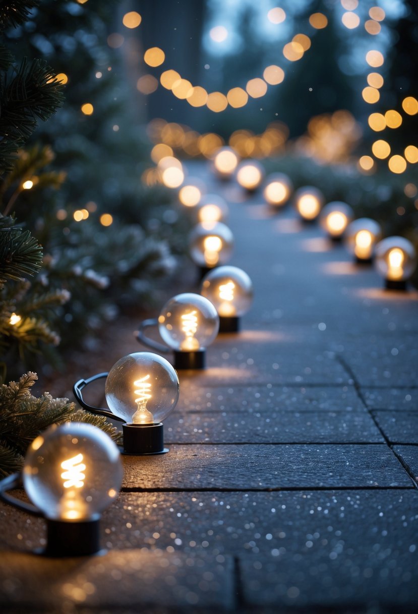 Christmas Pathway Lights 2025: 22 Best Options for a Festive Outdoor Display 12 A pathway at night lined with glowing clear bulb Christmas lights illuminating the walkway.