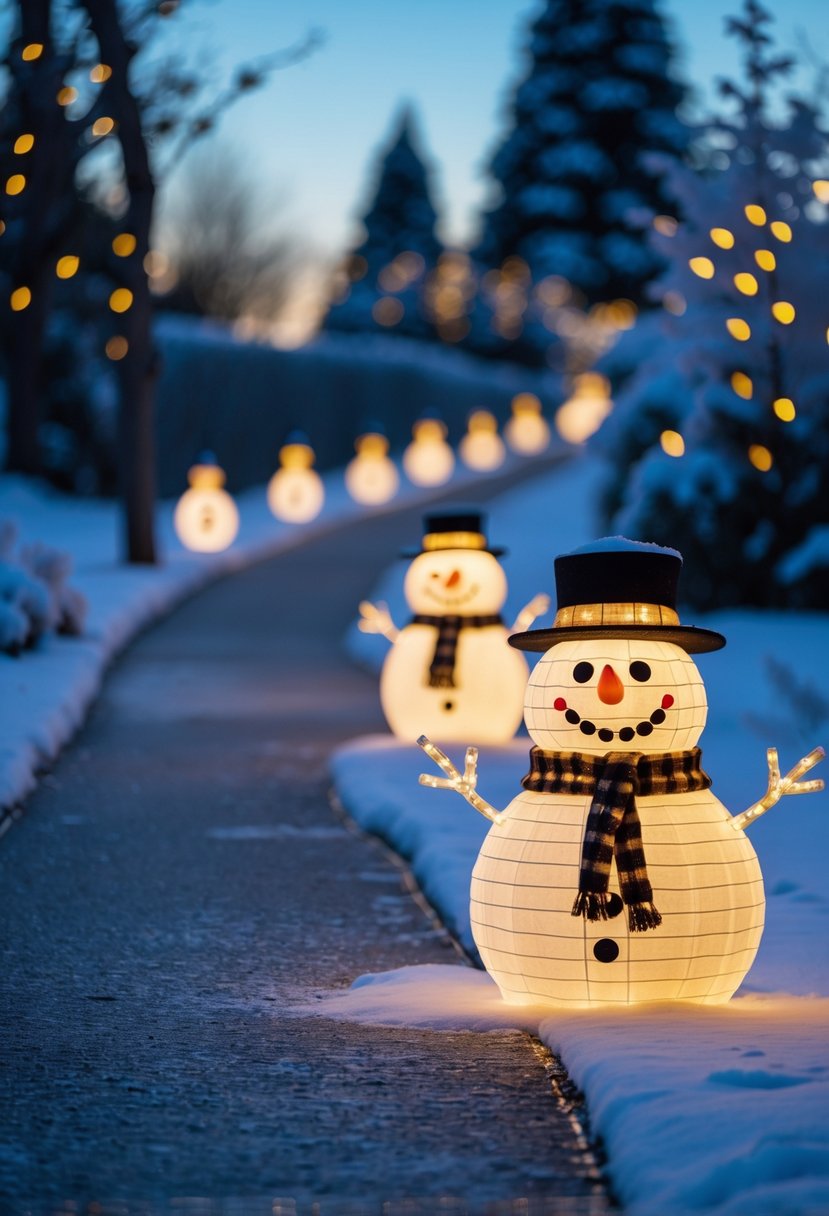 Christmas Pathway Lights 2025: 22 Best Options for a Festive Outdoor Display 14 A snowy outdoor pathway lined with glowing snowman-shaped lights during twilight.