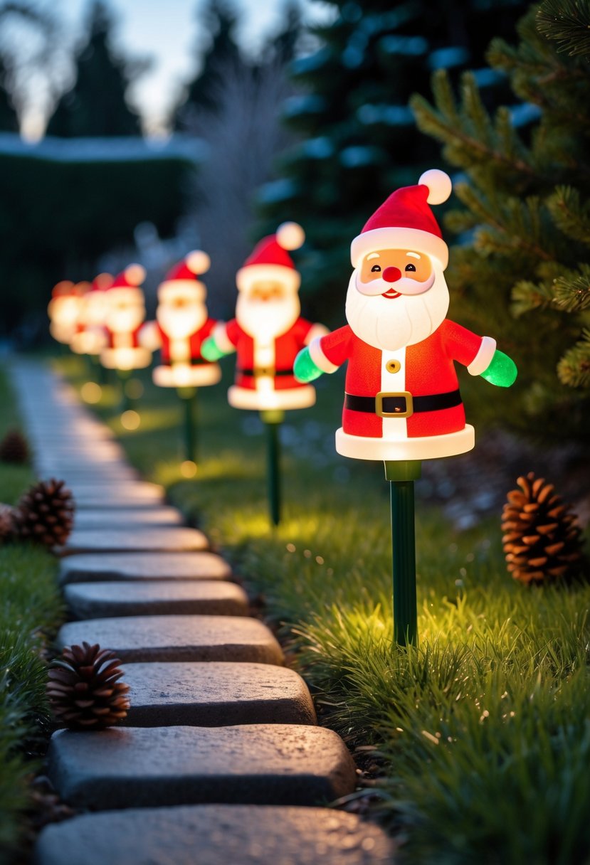Christmas Pathway Lights 2025: 22 Best Options for a Festive Outdoor Display 15 A row of Santa Claus pathway light stakes glowing along a garden path at twilight with holiday decorations and evergreen trees in the background.
