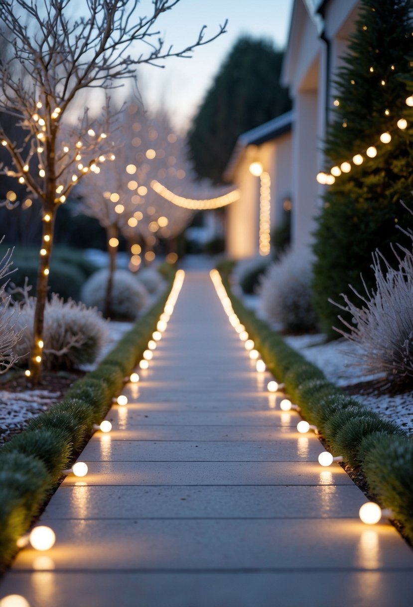 Christmas Pathway Lights 2025: 22 Best Options for a Festive Outdoor Display 17 A gently lit outdoor pathway decorated with warm white Christmas lights and light snow on the ground.