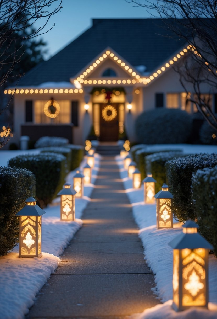 Christmas Pathway Lights 2025: 22 Best Options for a Festive Outdoor Display 18 A snow-dusted outdoor pathway lined with warm white Christmas lights leading to a decorated house at twilight.