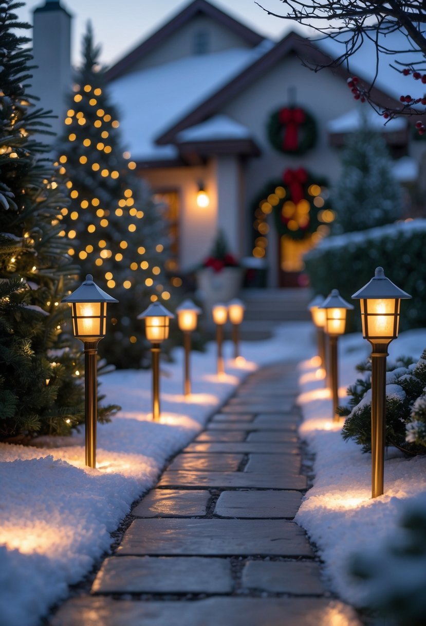 Christmas Pathway Lights 2025: 22 Best Options for a Festive Outdoor Display 19 A snowy outdoor pathway lined with glowing Christmas pathway lights and decorated evergreen shrubs leading to a cozy house with holiday decorations.