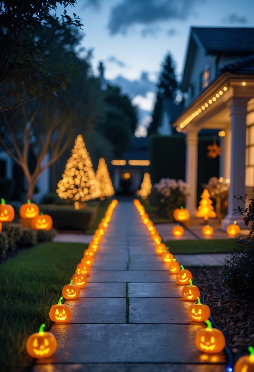 Christmas Pathway Lights 2025: 22 Best Options for a Festive Outdoor Display 20 A garden pathway decorated with glowing Halloween and Christmas lights leading to a house entrance in the evening.