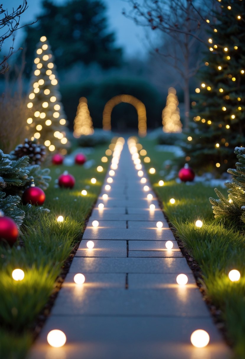 Christmas Pathway Lights 2025: 22 Best Options for a Festive Outdoor Display 21 An outdoor garden pathway lined with glowing Christmas lights and festive decorations at twilight.