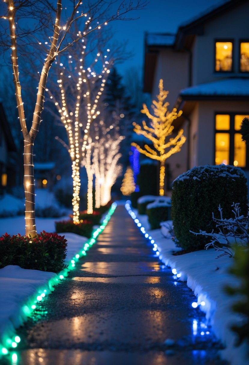 Christmas Pathway Lights 2025: 22 Best Options for a Festive Outdoor Display 22 A nighttime outdoor pathway decorated with colorful Christmas lights synchronized to music, surrounded by snow and festive greenery.