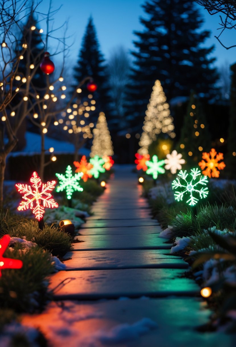 Christmas Pathway Lights 2025: 22 Best Options for a Festive Outdoor Display 23 A garden pathway lined with colorful holiday-themed LED lights glowing warmly among snow-dusted greenery during twilight.