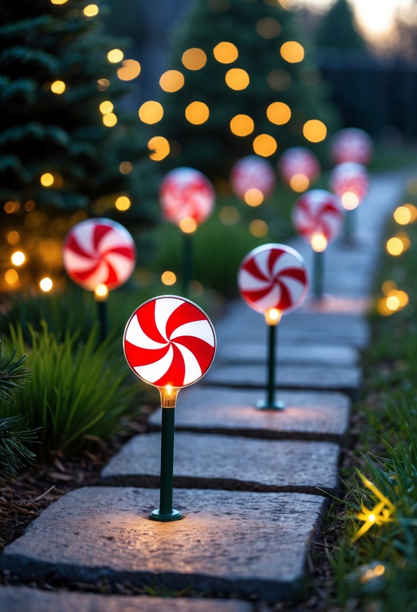 Christmas Pathway Lights 2025: 22 Best Options for a Festive Outdoor Display 24 A garden pathway lined with glowing peppermint swirl solar stakes and green shrubs during early evening.