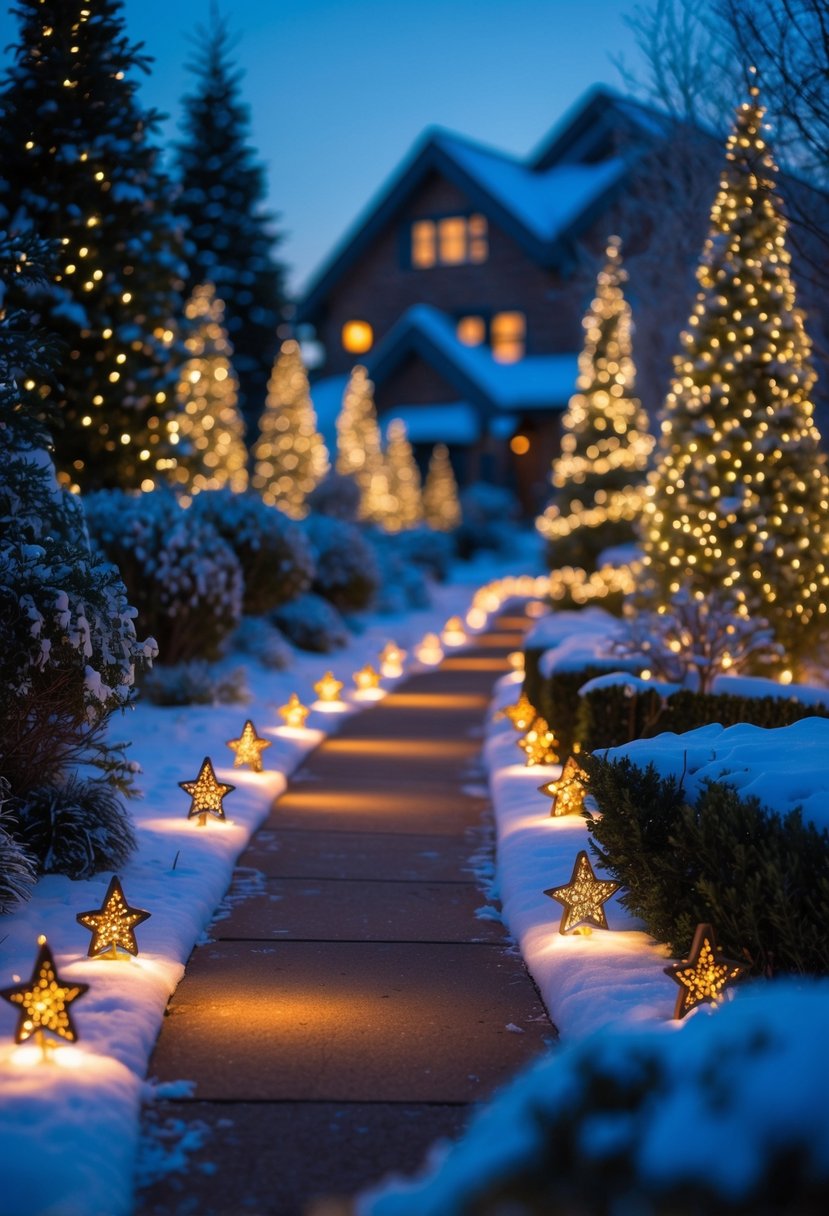 Christmas Pathway Lights 2025: 22 Best Options for a Festive Outdoor Display 25 A winter garden pathway lined with glowing Christmas lights and snow-covered bushes leading to a softly lit house at twilight.