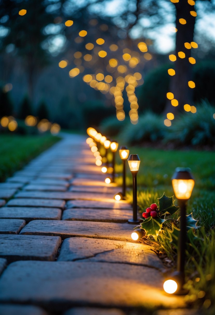 Christmas Pathway Lights 2025: 22 Best Options for a Festive Outdoor Display 26 A garden pathway lit by warm Christmas lights along the edges, surrounded by grass and holiday decorations in the evening.