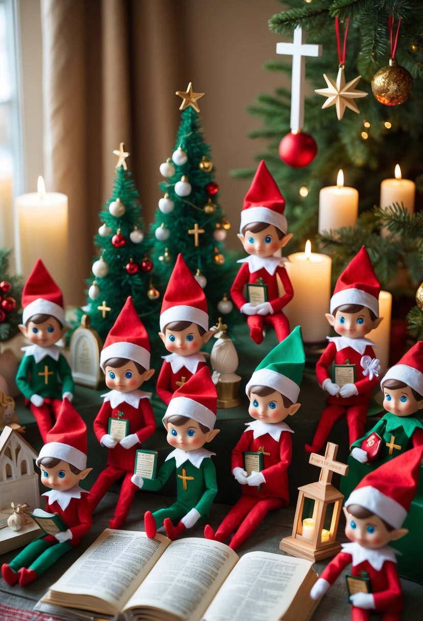 A holiday scene with 15 Elf on the Shelf dolls arranged around Christian Christmas decorations including nativity scenes, candles, and Christmas trees.