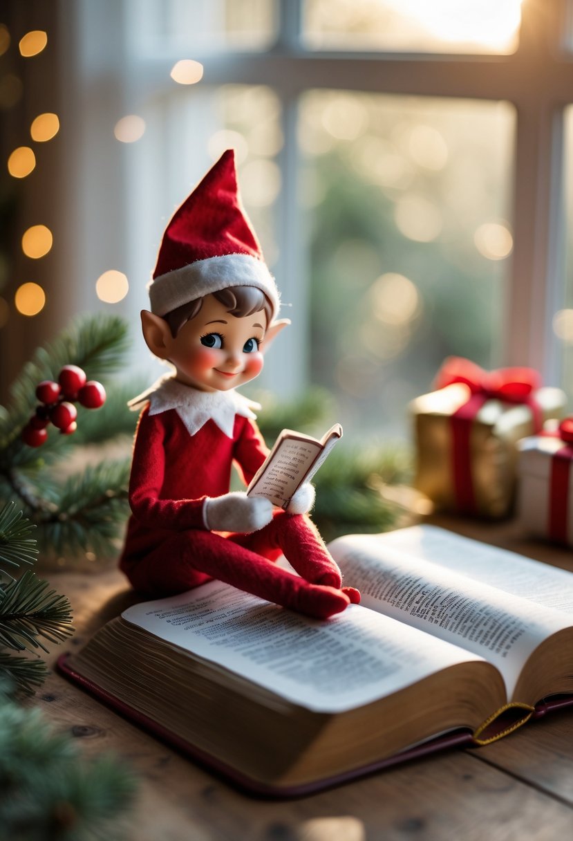 An elf figure reading an open Bible on a wooden table with Christmas decorations around.