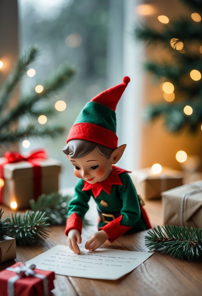 A small elf figurine placing a note on a wooden table surrounded by Christmas decorations and soft glowing lights.