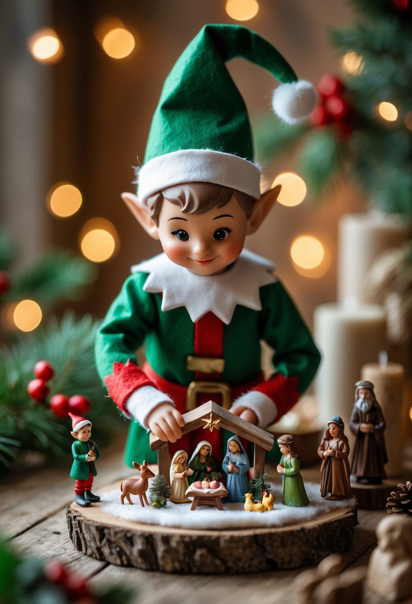 An elf figurine placing a piece of a nativity scene on a table surrounded by Christmas decorations.
