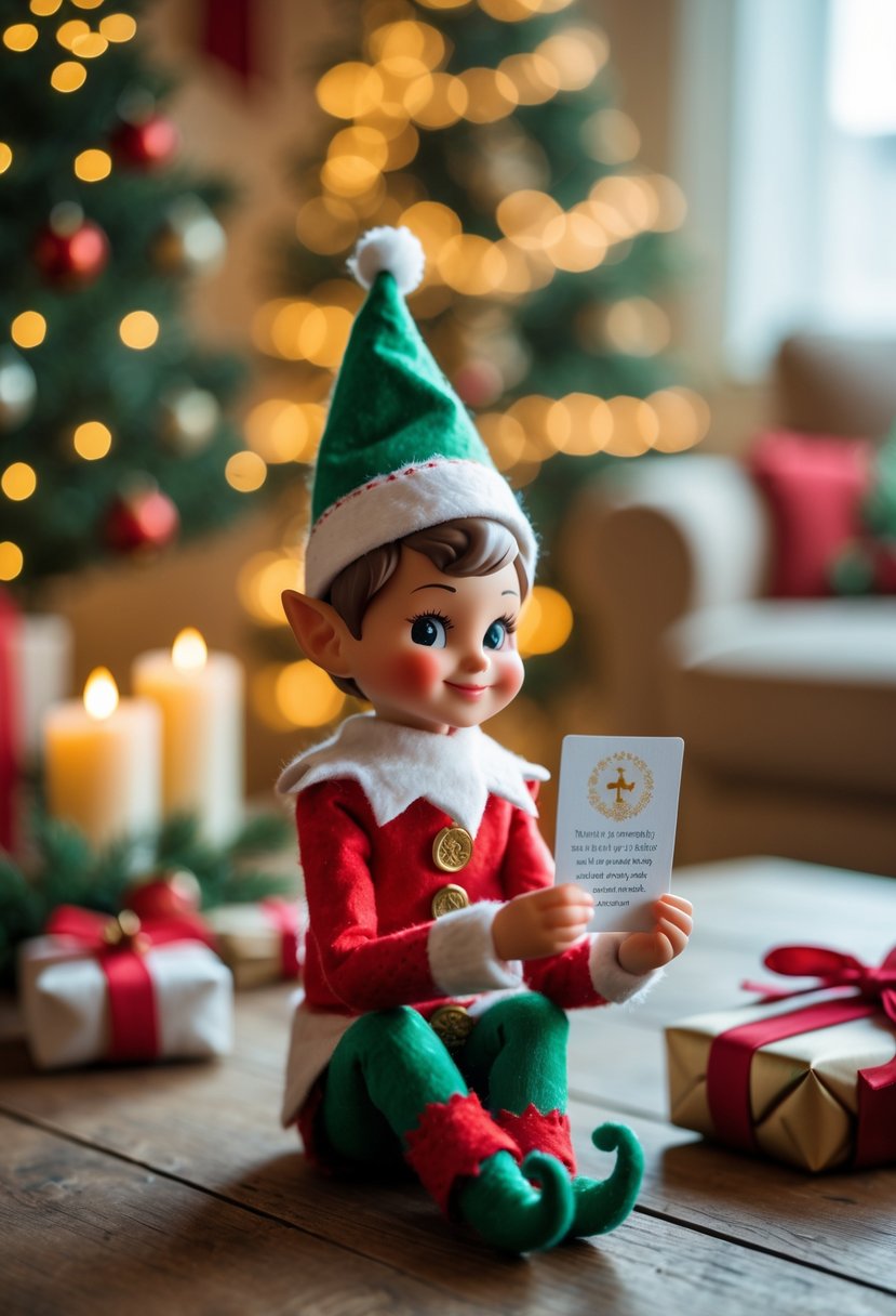 An elf figurine holding a prayer card during family prayer time in a cozy room with Christmas decorations.