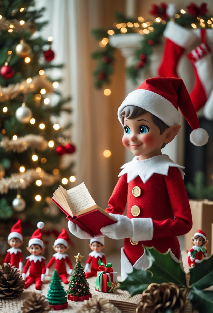 An elf holding a small book near a decorated Christmas tree, surrounded by 15 playful Elf on the Shelf figures in festive poses.