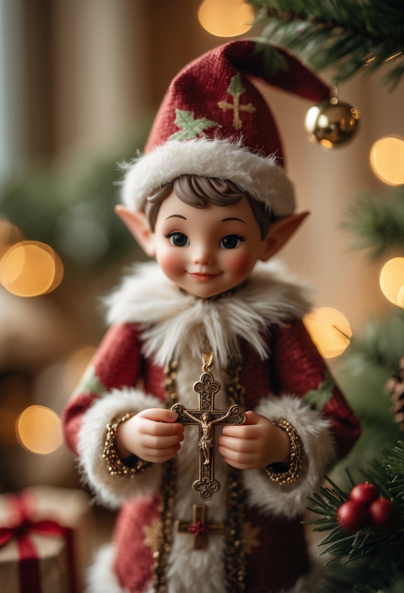 An elf figure holding a miniature cross or rosary with a warm, softly lit background.