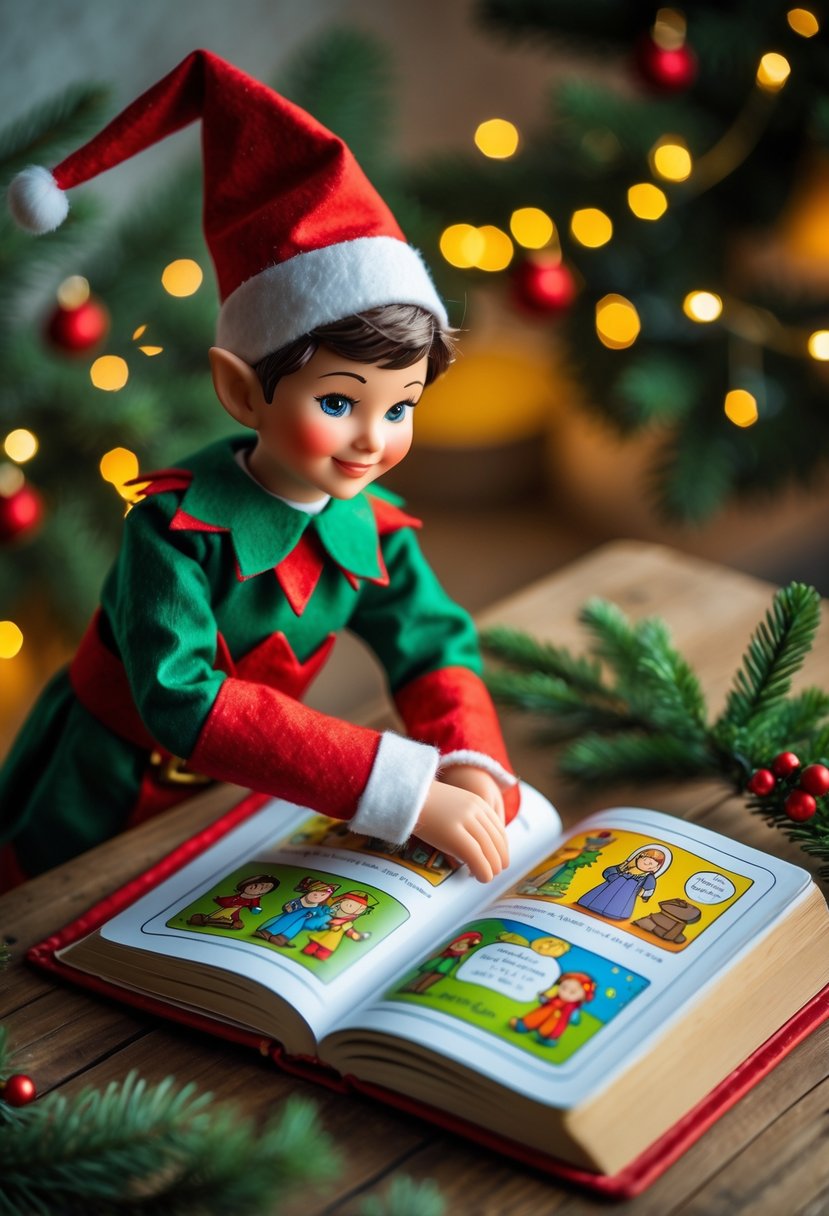 An elf doll arranging a colorful Bible storybook for children on a wooden table with Christmas decorations in the background.