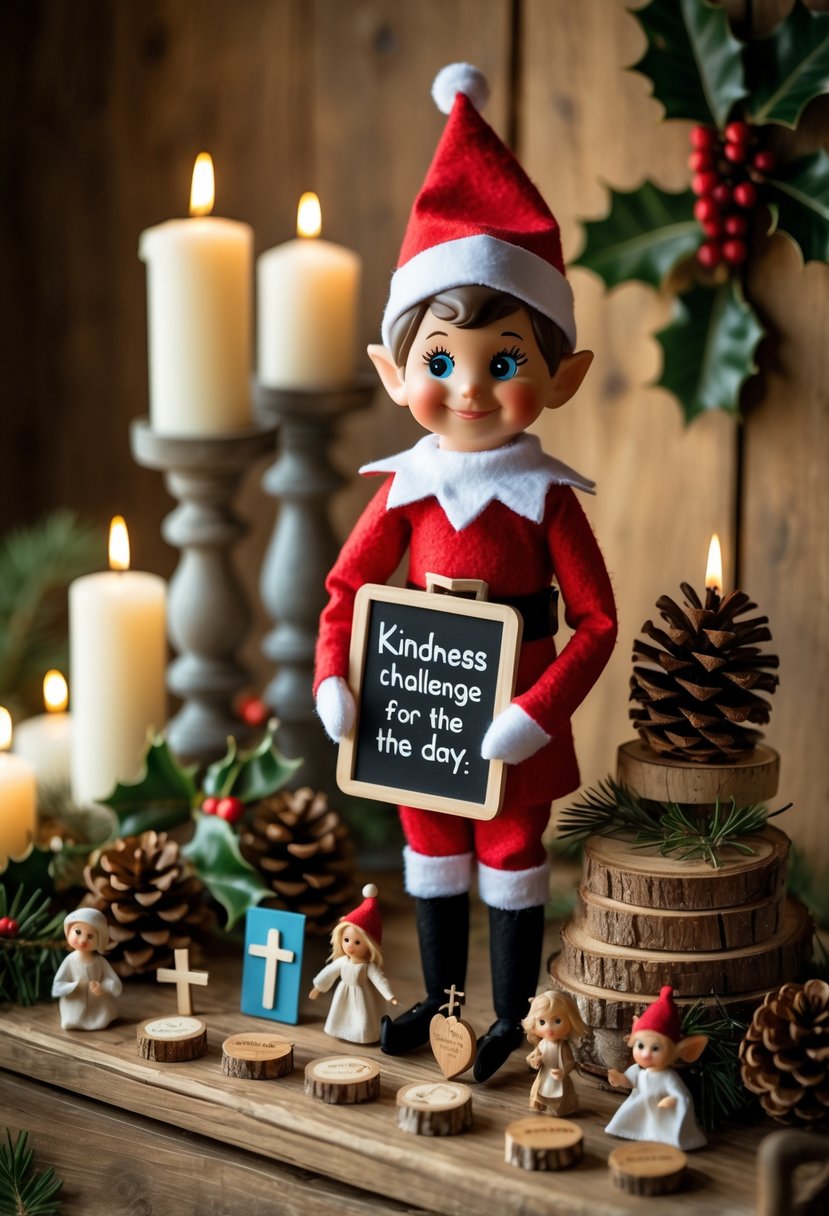 An elf in Christmas clothing stands by a decorated table with festive items and Christian-themed objects representing kindness and holiday spirit.