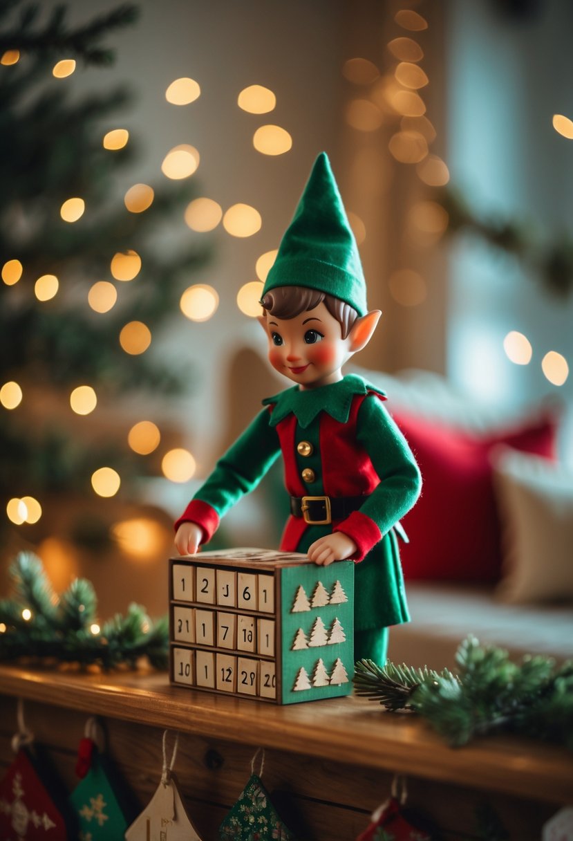 An elf figurine placing an Advent calendar on a wooden shelf decorated with Christmas ornaments and lights.