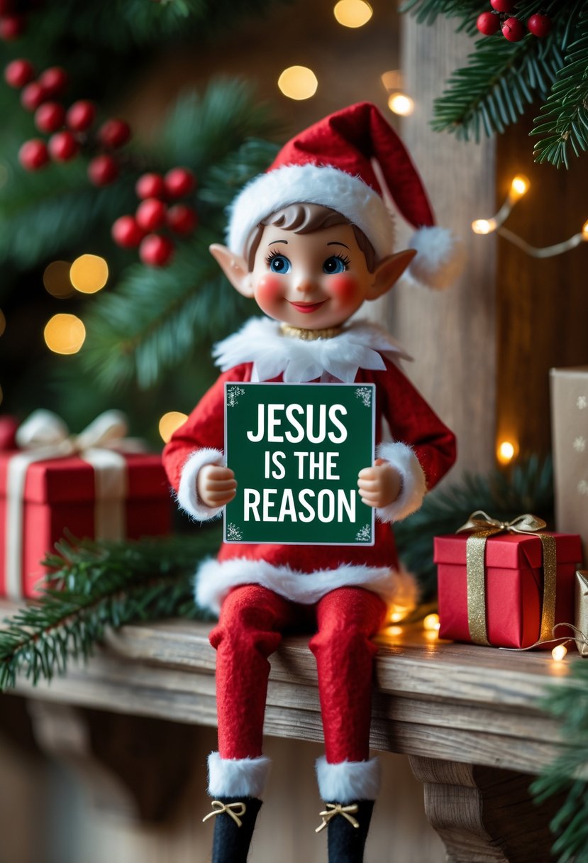 An elf figurine dressed in Christmas clothes holding a decorative sign, standing on a shelf with holiday decorations around.