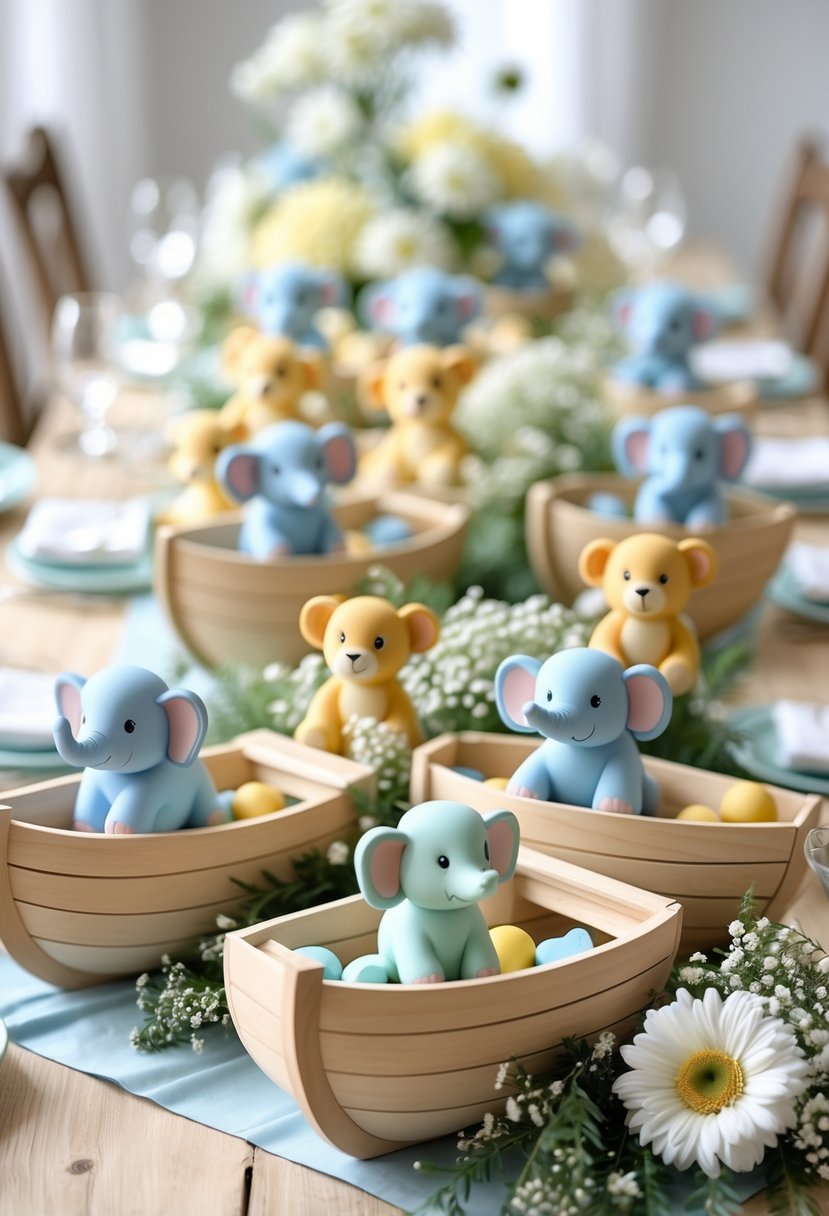 A table displaying 15 Noah's Ark themed baby shower centerpieces with pairs of animal figurines and floral decorations.