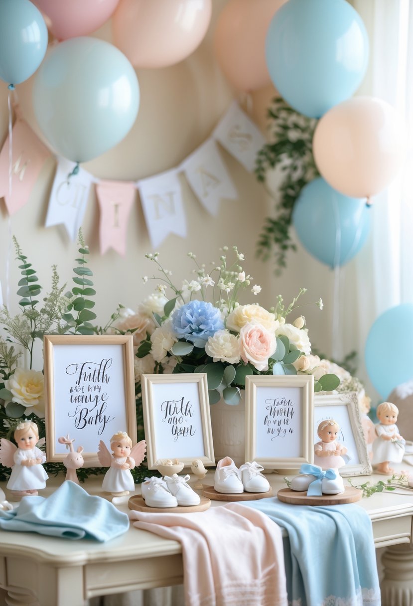 A baby shower table decorated with Christian-themed keepsakes, flowers, and pastel-colored decorations.
