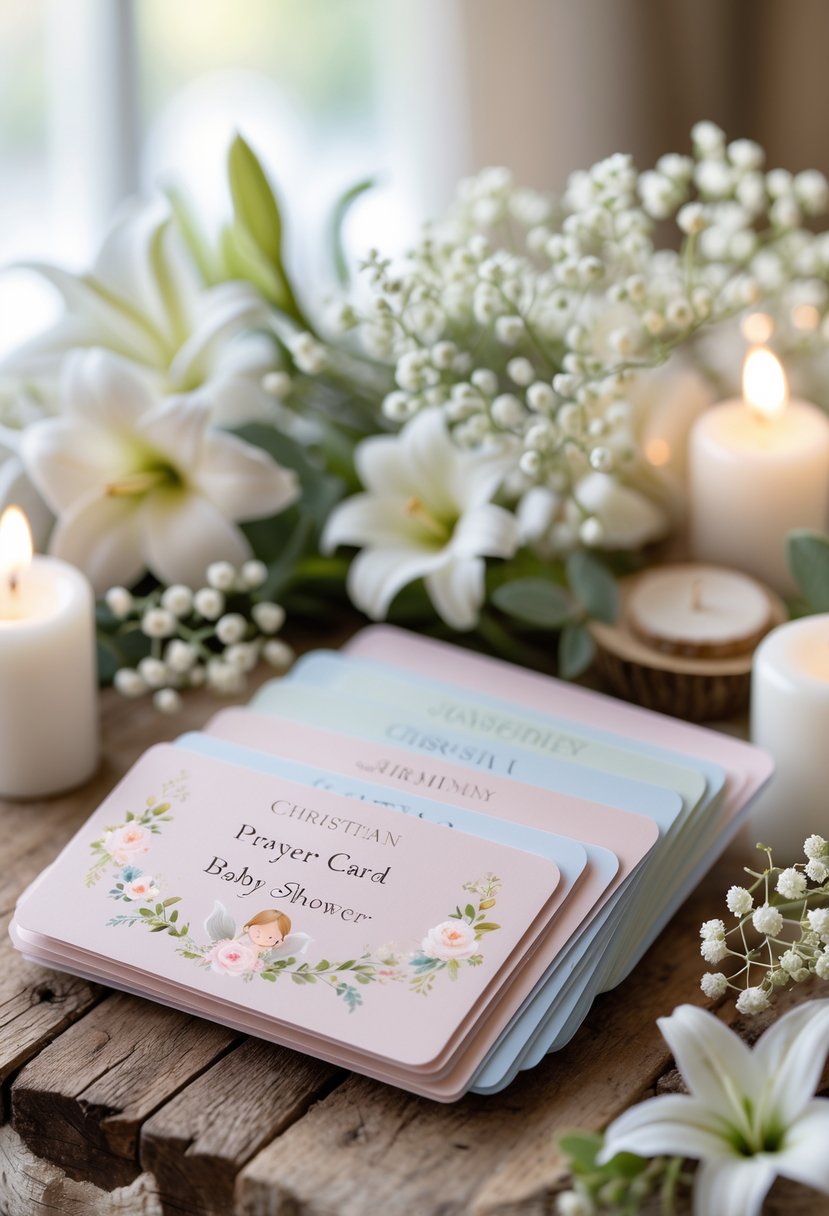 A table with pastel-colored prayer card favors surrounded by flowers, candles, and baby shower decorations.