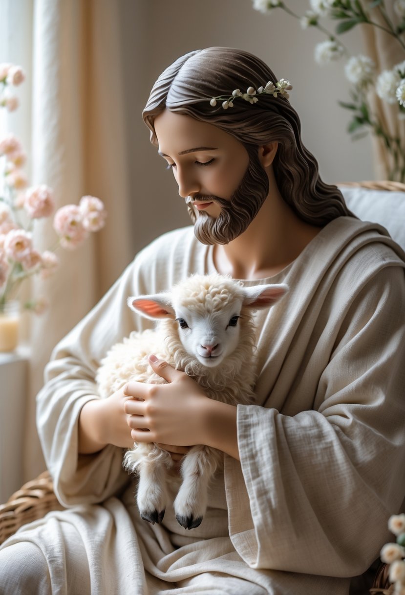 Jesus gently holding a small white lamb surrounded by soft pastel colors and floral accents.