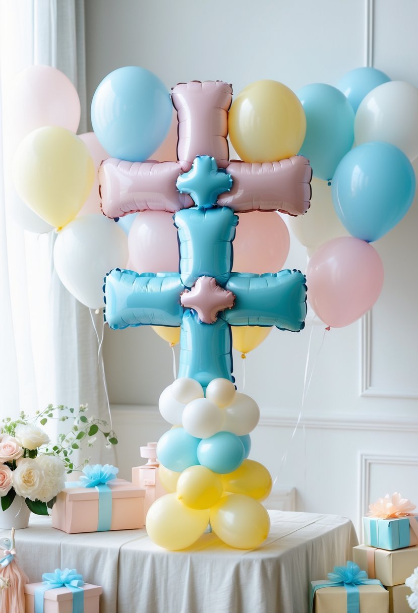 Cross-shaped balloon bouquets in pastel colors arranged on a decorated table for a Christian baby shower.