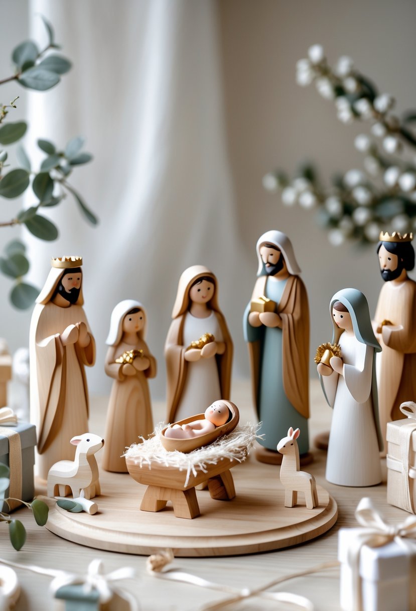 Wooden nativity scene decorations featuring baby Jesus, Mary, Joseph, wise men, shepherds, and animals arranged with baby shower elements on a wooden surface.